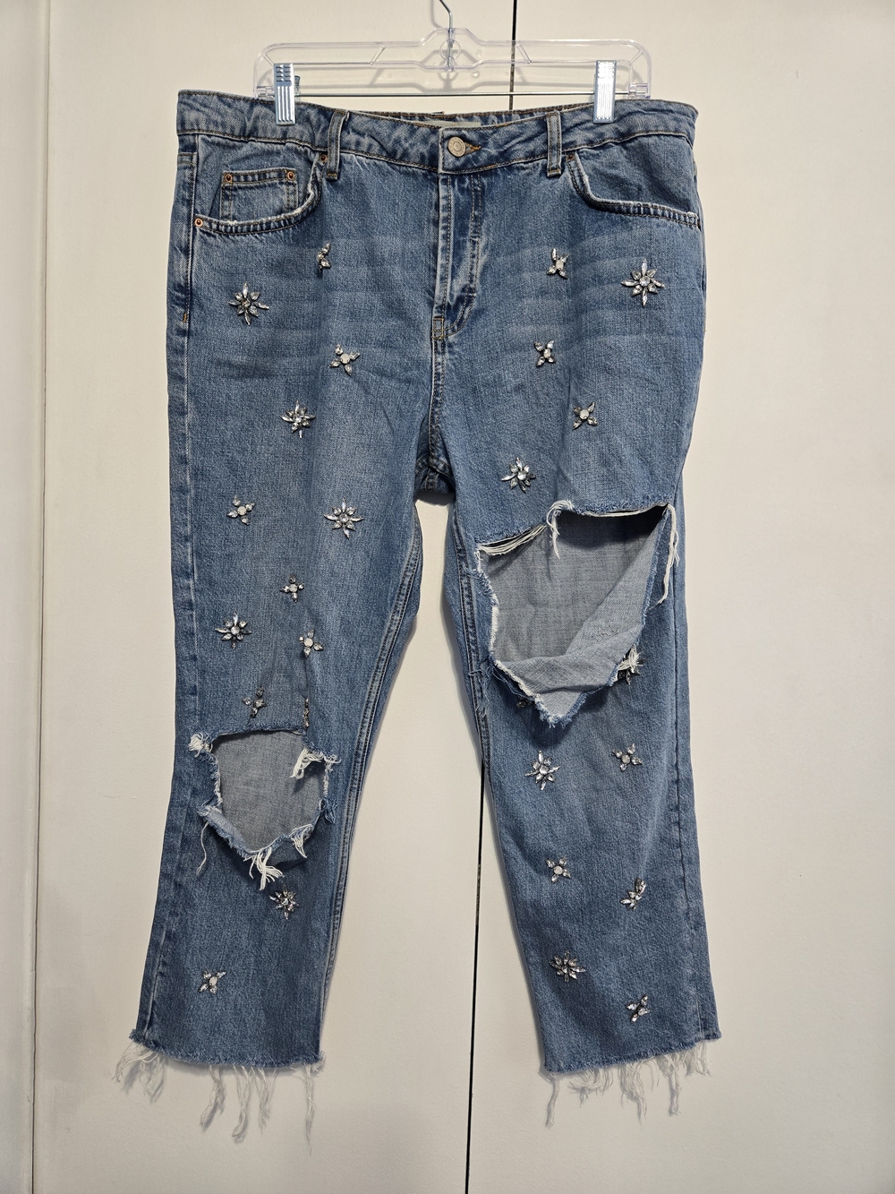 Topshop Moto Hayden Jeans W34 Crystal Embellished Distressed Cropped Denim